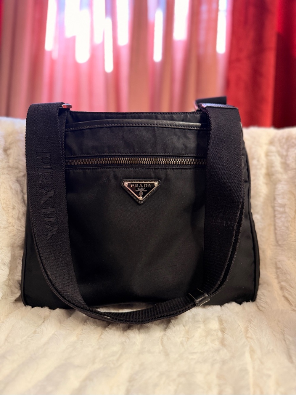 Prada Black Nylon Shoulder Bag with Logo Strap